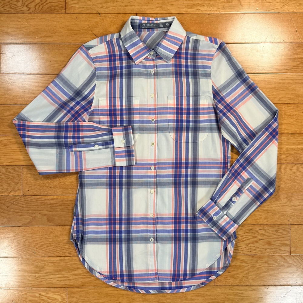 Icebreaker Merino Wool Blend Plaid Button Down Shirt Blue Coral XS Woman